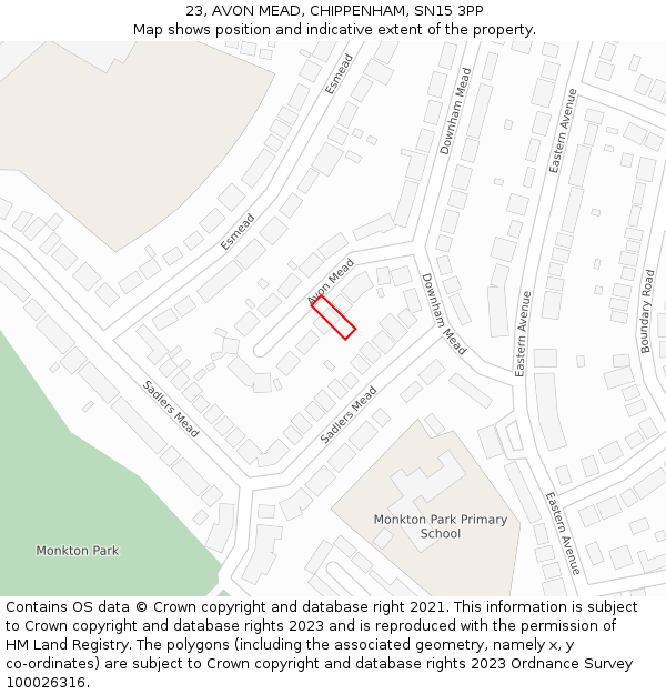 23, AVON MEAD, CHIPPENHAM, SN15 3PP: Location map and indicative extent of plot