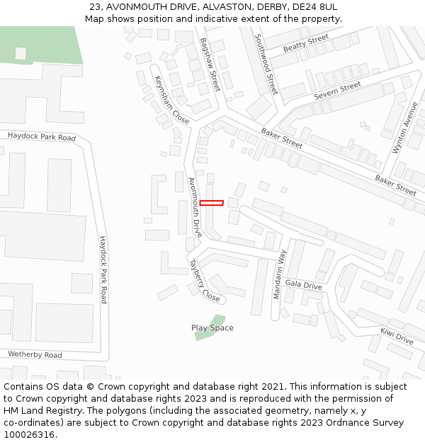 23, AVONMOUTH DRIVE, ALVASTON, DERBY, DE24 8UL: Location map and indicative extent of plot