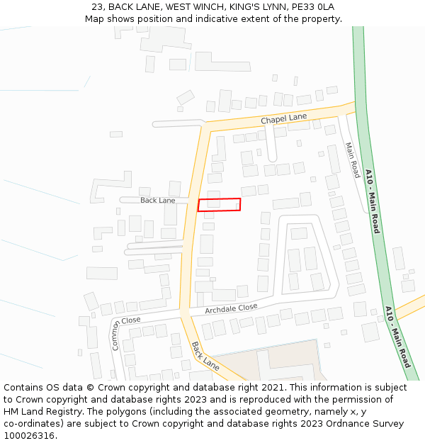 23, BACK LANE, WEST WINCH, KING'S LYNN, PE33 0LA: Location map and indicative extent of plot