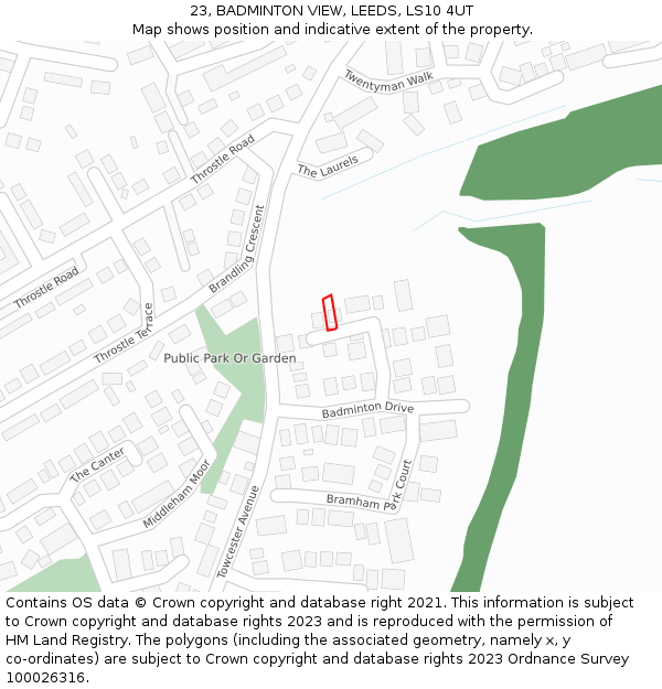 23, BADMINTON VIEW, LEEDS, LS10 4UT: Location map and indicative extent of plot