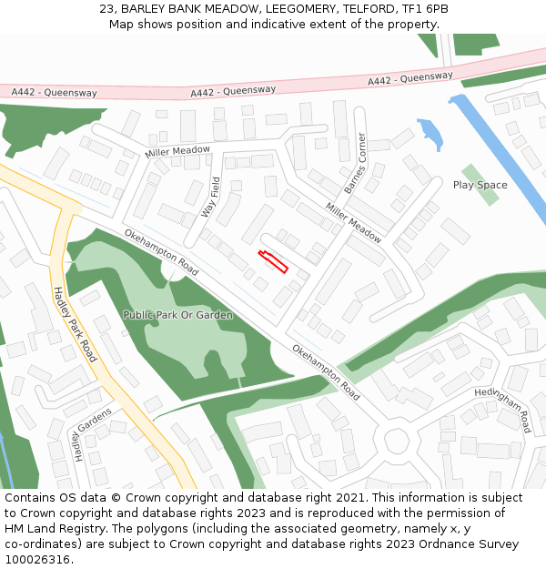 23, BARLEY BANK MEADOW, LEEGOMERY, TELFORD, TF1 6PB: Location map and indicative extent of plot