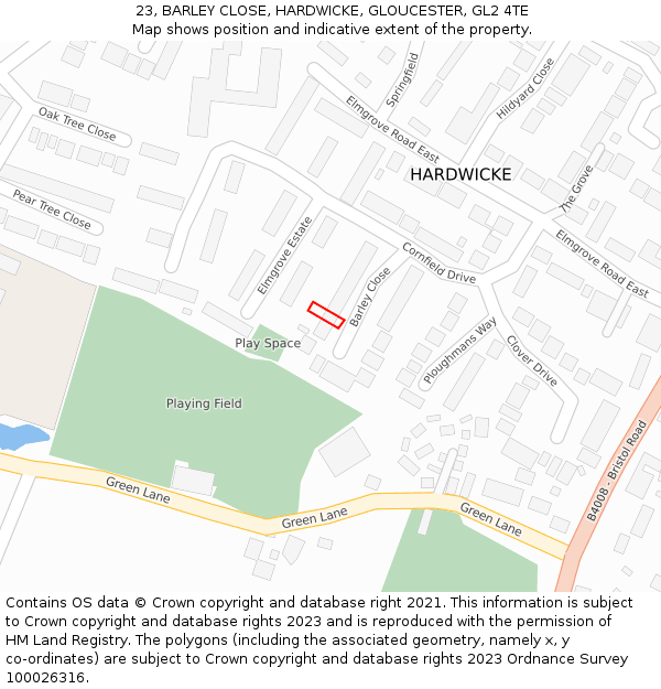 23, BARLEY CLOSE, HARDWICKE, GLOUCESTER, GL2 4TE: Location map and indicative extent of plot