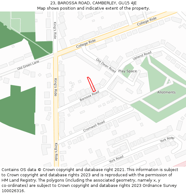 23, BAROSSA ROAD, CAMBERLEY, GU15 4JE: Location map and indicative extent of plot