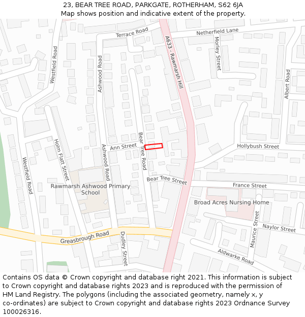 23, BEAR TREE ROAD, PARKGATE, ROTHERHAM, S62 6JA: Location map and indicative extent of plot