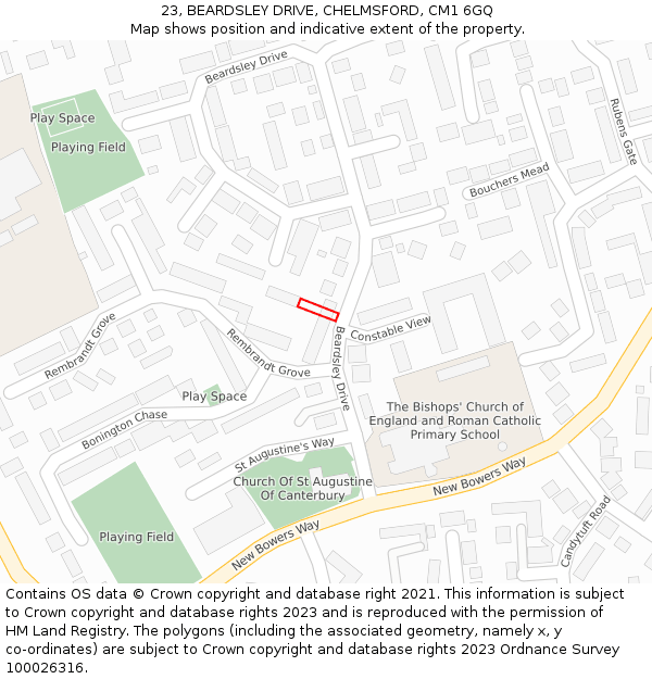 23, BEARDSLEY DRIVE, CHELMSFORD, CM1 6GQ: Location map and indicative extent of plot