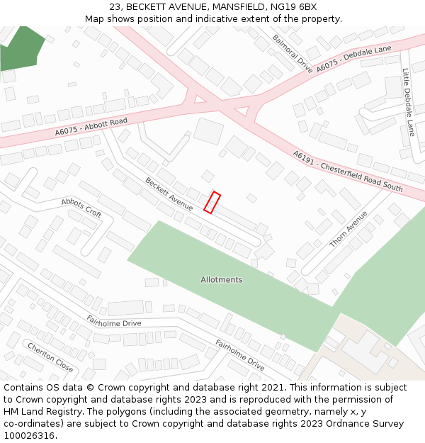 23, BECKETT AVENUE, MANSFIELD, NG19 6BX: Location map and indicative extent of plot