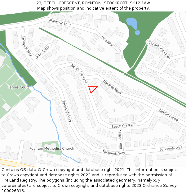 23, BEECH CRESCENT, POYNTON, STOCKPORT, SK12 1AW: Location map and indicative extent of plot