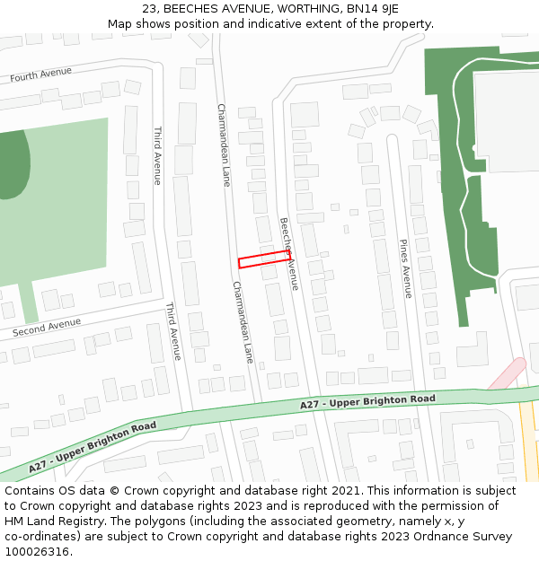 23, BEECHES AVENUE, WORTHING, BN14 9JE: Location map and indicative extent of plot
