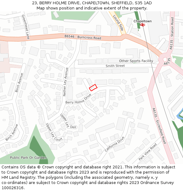 23, BERRY HOLME DRIVE, CHAPELTOWN, SHEFFIELD, S35 1AD: Location map and indicative extent of plot