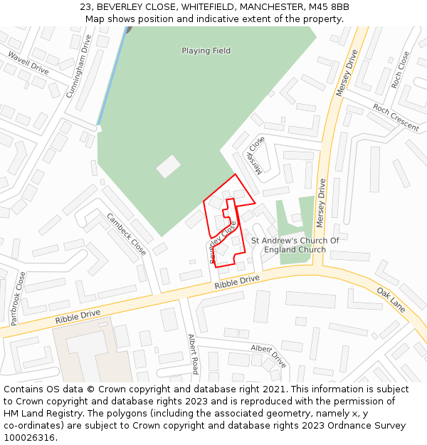 23, BEVERLEY CLOSE, WHITEFIELD, MANCHESTER, M45 8BB: Location map and indicative extent of plot