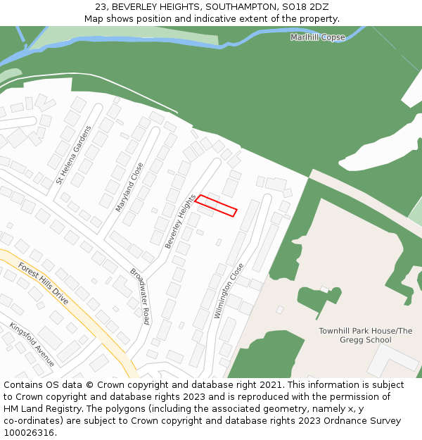 23, BEVERLEY HEIGHTS, SOUTHAMPTON, SO18 2DZ: Location map and indicative extent of plot