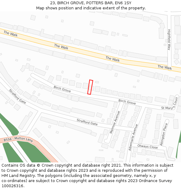 23, BIRCH GROVE, POTTERS BAR, EN6 1SY: Location map and indicative extent of plot