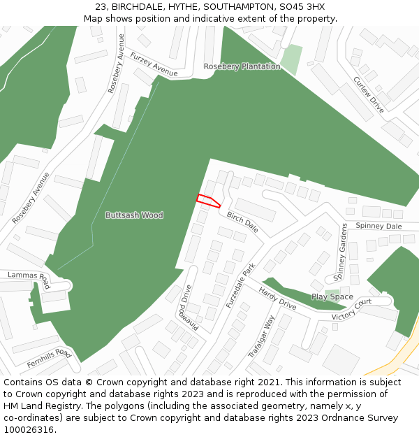 23, BIRCHDALE, HYTHE, SOUTHAMPTON, SO45 3HX: Location map and indicative extent of plot