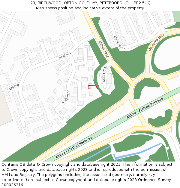 23, BIRCHWOOD, ORTON GOLDHAY, PETERBOROUGH, PE2 5UQ: Location map and indicative extent of plot