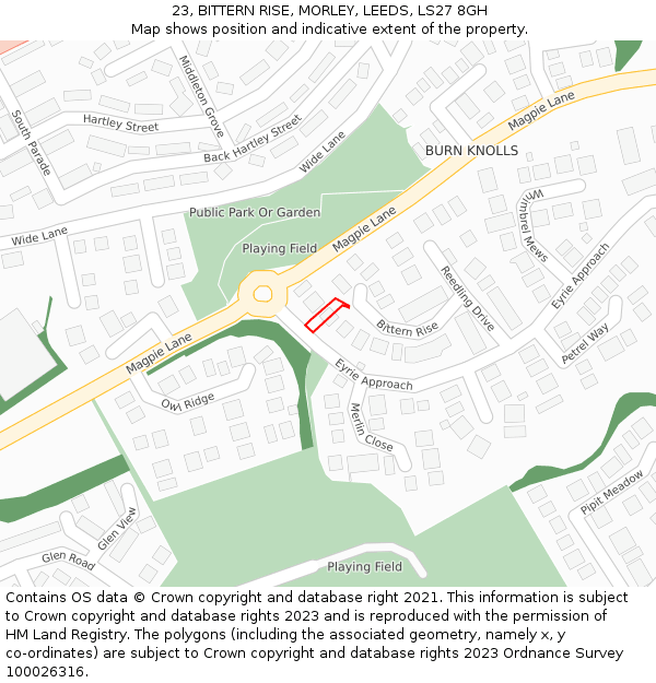 23, BITTERN RISE, MORLEY, LEEDS, LS27 8GH: Location map and indicative extent of plot
