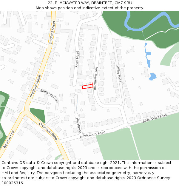 23, BLACKWATER WAY, BRAINTREE, CM7 9BU: Location map and indicative extent of plot