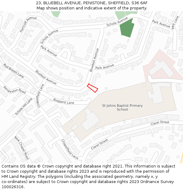 23, BLUEBELL AVENUE, PENISTONE, SHEFFIELD, S36 6AF: Location map and indicative extent of plot
