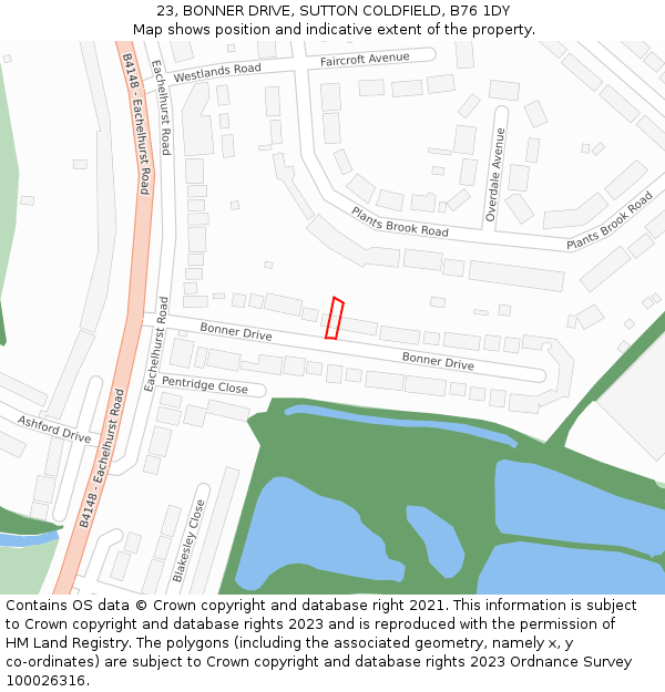 23, BONNER DRIVE, SUTTON COLDFIELD, B76 1DY: Location map and indicative extent of plot