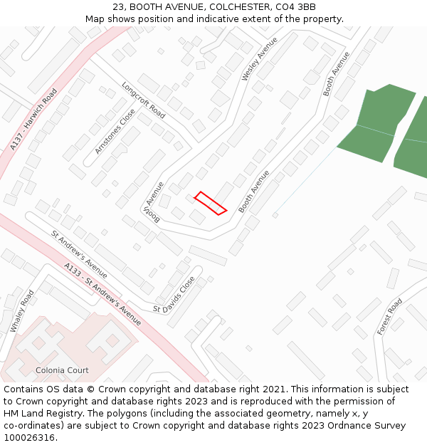 23, BOOTH AVENUE, COLCHESTER, CO4 3BB: Location map and indicative extent of plot