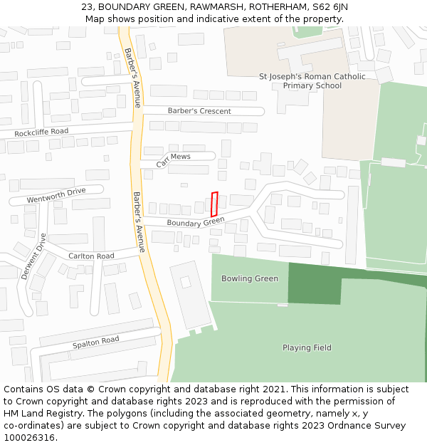 23, BOUNDARY GREEN, RAWMARSH, ROTHERHAM, S62 6JN: Location map and indicative extent of plot
