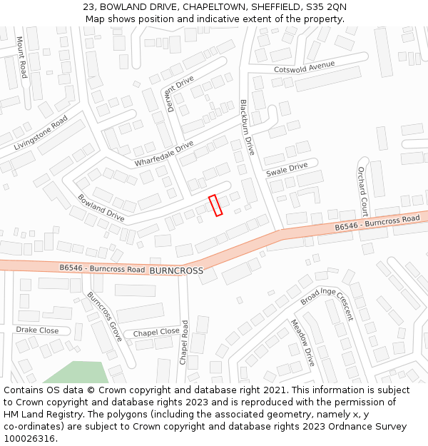 23, BOWLAND DRIVE, CHAPELTOWN, SHEFFIELD, S35 2QN: Location map and indicative extent of plot