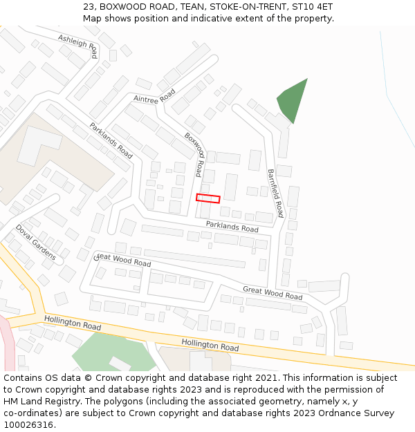 23, BOXWOOD ROAD, TEAN, STOKE-ON-TRENT, ST10 4ET: Location map and indicative extent of plot