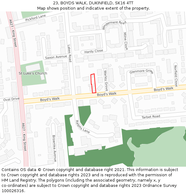 23, BOYDS WALK, DUKINFIELD, SK16 4TT: Location map and indicative extent of plot