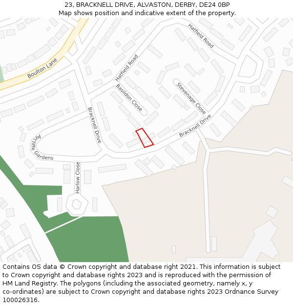23, BRACKNELL DRIVE, ALVASTON, DERBY, DE24 0BP: Location map and indicative extent of plot