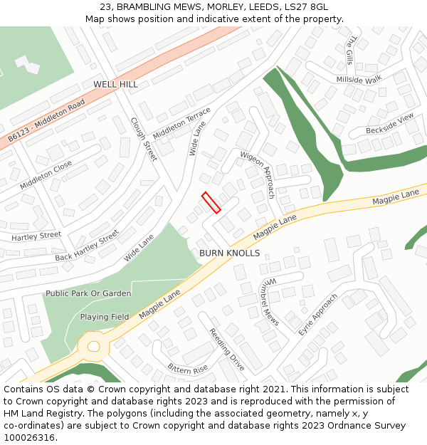 23, BRAMBLING MEWS, MORLEY, LEEDS, LS27 8GL: Location map and indicative extent of plot