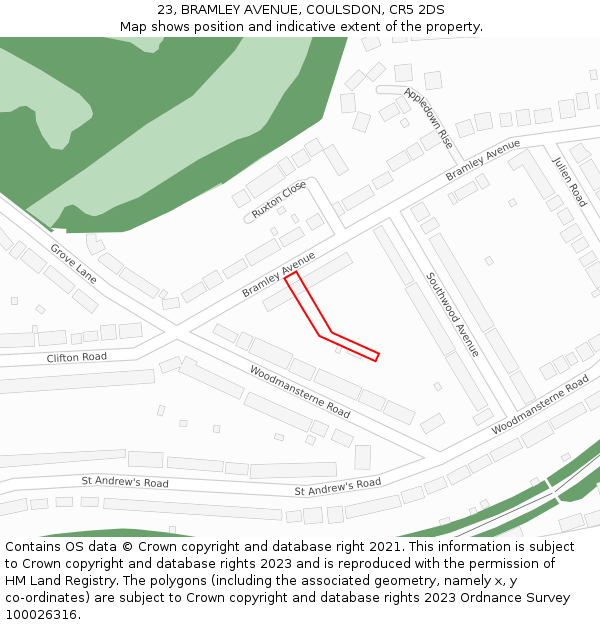 23, BRAMLEY AVENUE, COULSDON, CR5 2DS: Location map and indicative extent of plot