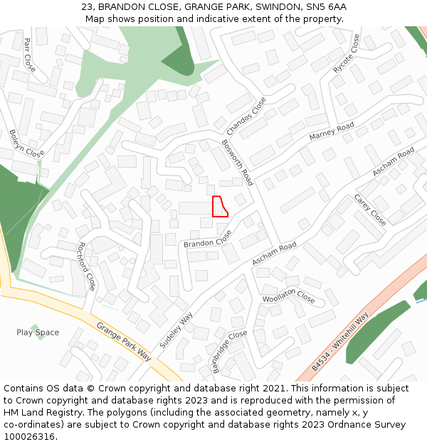 23, BRANDON CLOSE, GRANGE PARK, SWINDON, SN5 6AA: Location map and indicative extent of plot