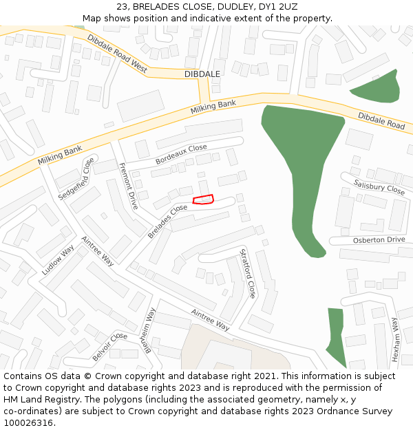 23, BRELADES CLOSE, DUDLEY, DY1 2UZ: Location map and indicative extent of plot
