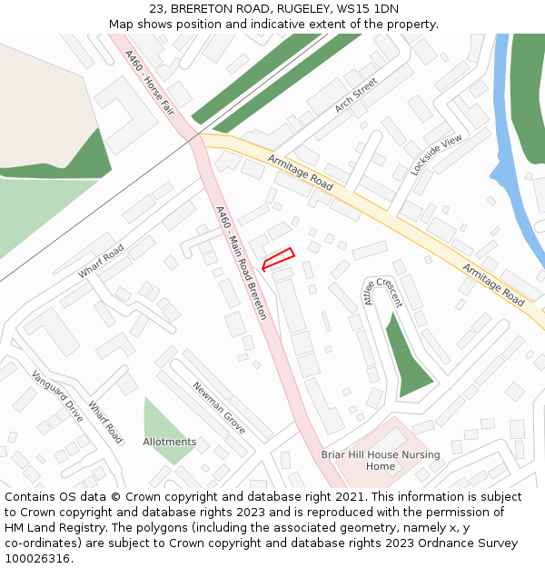 23, BRERETON ROAD, RUGELEY, WS15 1DN: Location map and indicative extent of plot