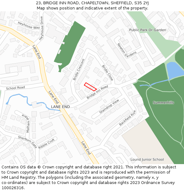 23, BRIDGE INN ROAD, CHAPELTOWN, SHEFFIELD, S35 2YJ: Location map and indicative extent of plot