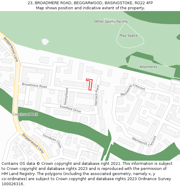 23, BROADMERE ROAD, BEGGARWOOD, BASINGSTOKE, RG22 4FP: Location map and indicative extent of plot