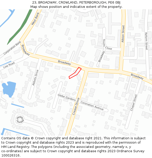 23, BROADWAY, CROWLAND, PETERBOROUGH, PE6 0BJ: Location map and indicative extent of plot