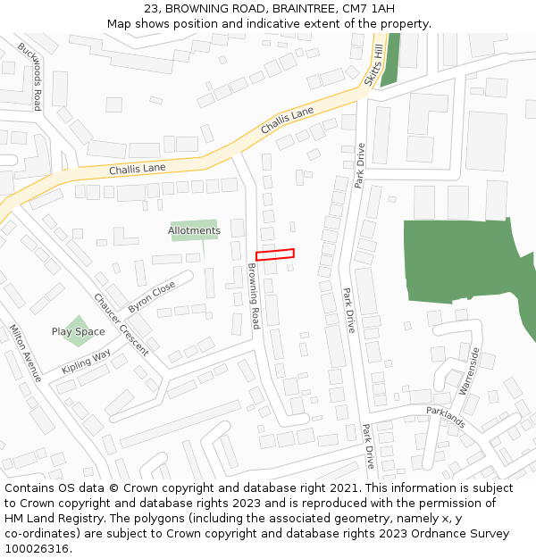 23, BROWNING ROAD, BRAINTREE, CM7 1AH: Location map and indicative extent of plot