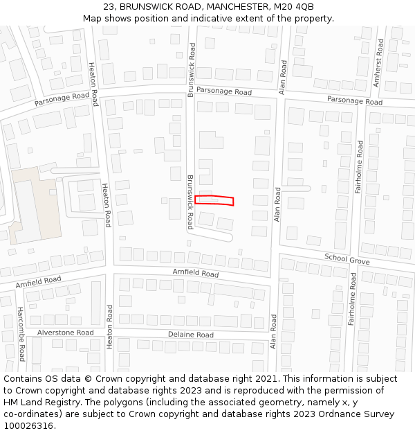 23, BRUNSWICK ROAD, MANCHESTER, M20 4QB: Location map and indicative extent of plot