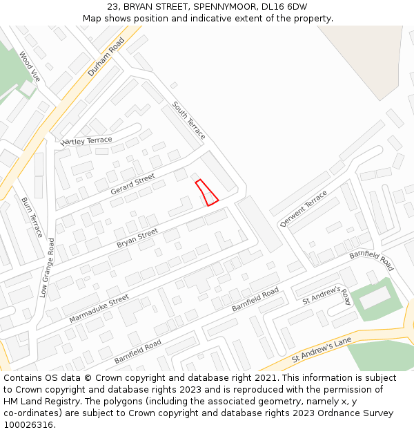 23, BRYAN STREET, SPENNYMOOR, DL16 6DW: Location map and indicative extent of plot