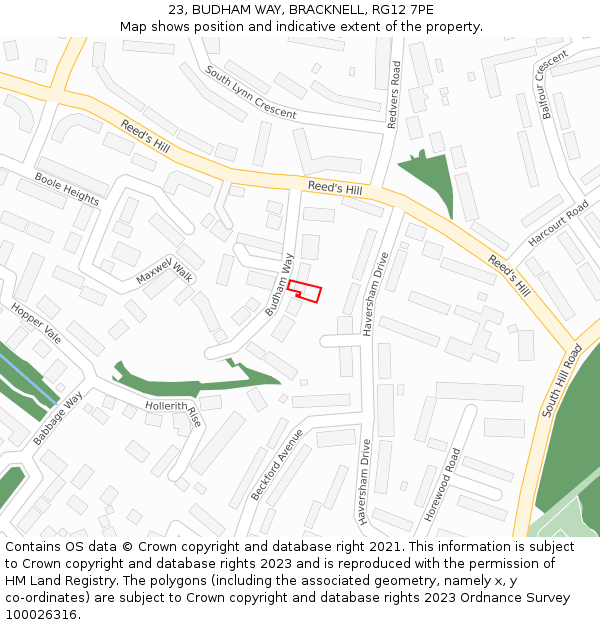 23, BUDHAM WAY, BRACKNELL, RG12 7PE: Location map and indicative extent of plot