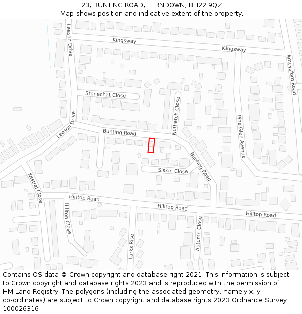 23, BUNTING ROAD, FERNDOWN, BH22 9QZ: Location map and indicative extent of plot
