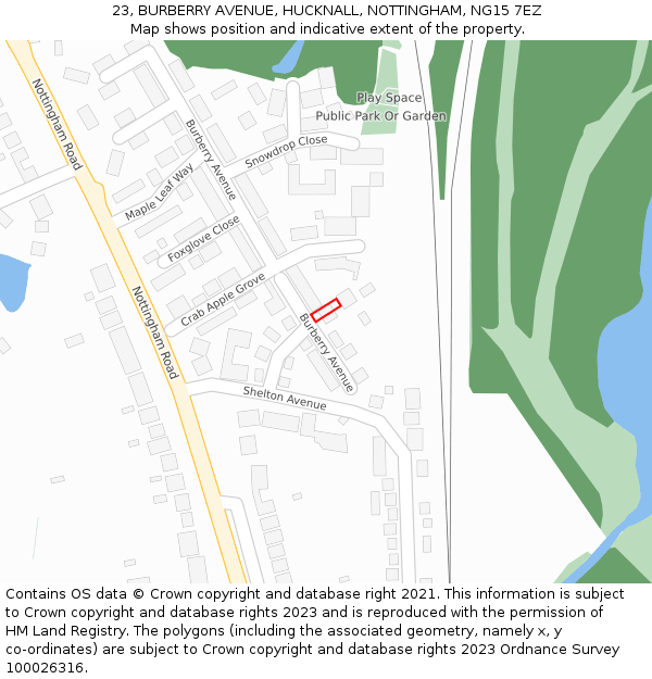 23, BURBERRY AVENUE, HUCKNALL, NOTTINGHAM, NG15 7EZ: Location map and indicative extent of plot