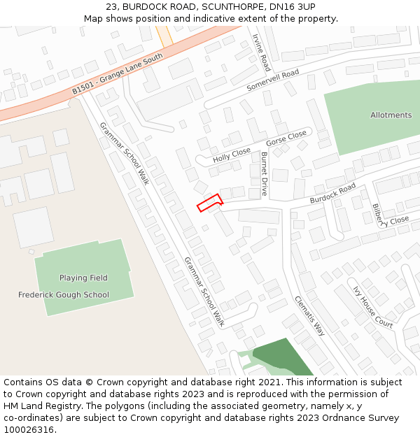 23, BURDOCK ROAD, SCUNTHORPE, DN16 3UP: Location map and indicative extent of plot