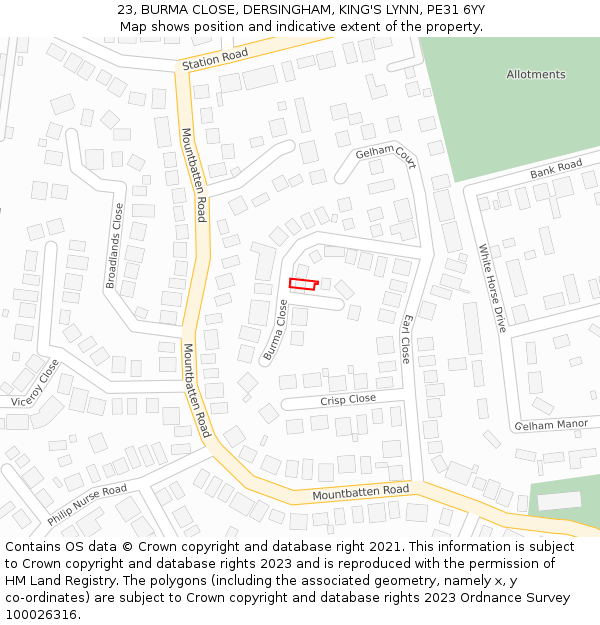 23, BURMA CLOSE, DERSINGHAM, KING'S LYNN, PE31 6YY: Location map and indicative extent of plot