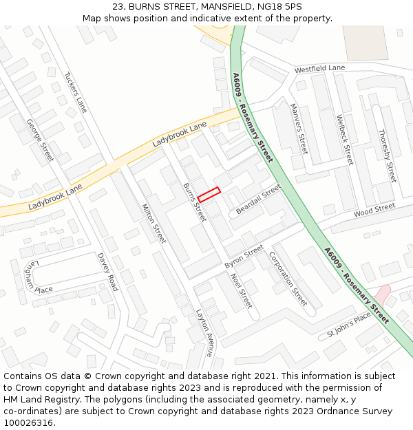 23, BURNS STREET, MANSFIELD, NG18 5PS: Location map and indicative extent of plot
