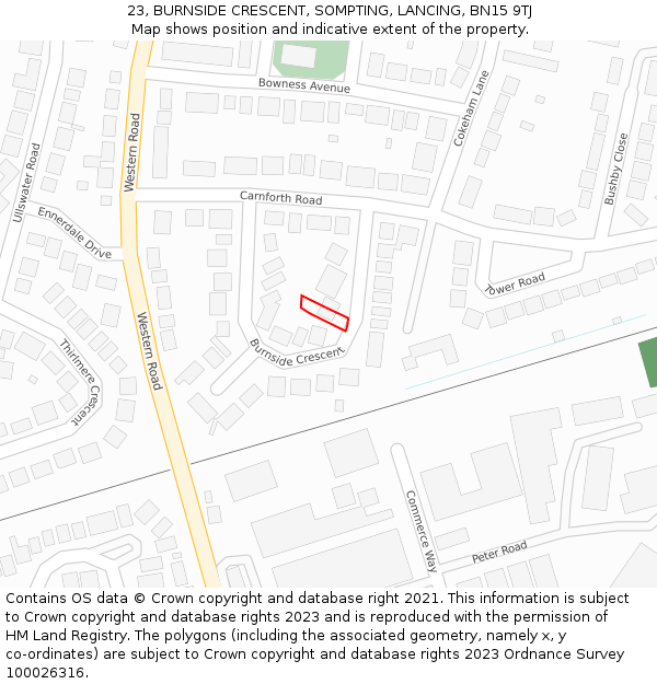 23, BURNSIDE CRESCENT, SOMPTING, LANCING, BN15 9TJ: Location map and indicative extent of plot