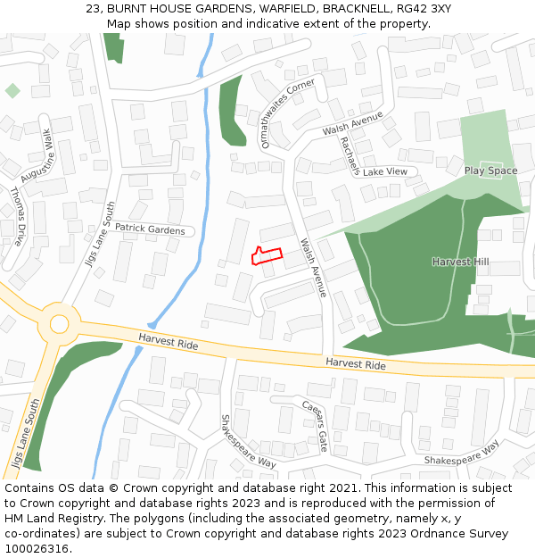 23, BURNT HOUSE GARDENS, WARFIELD, BRACKNELL, RG42 3XY: Location map and indicative extent of plot