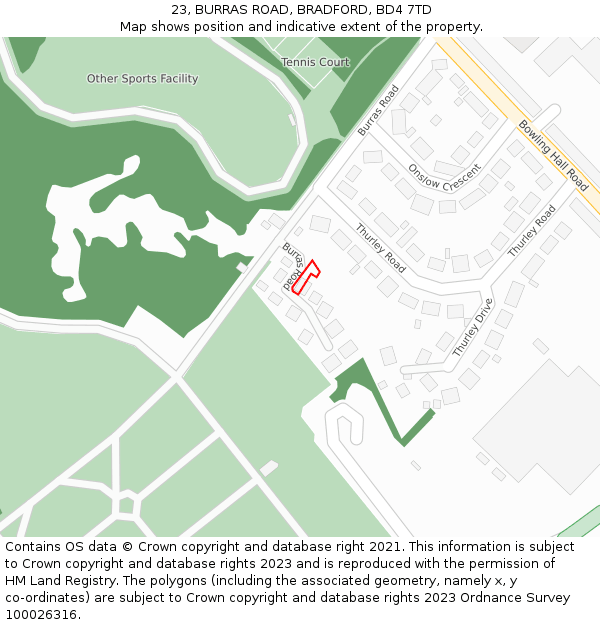 23, BURRAS ROAD, BRADFORD, BD4 7TD: Location map and indicative extent of plot