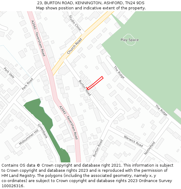 23, BURTON ROAD, KENNINGTON, ASHFORD, TN24 9DS: Location map and indicative extent of plot