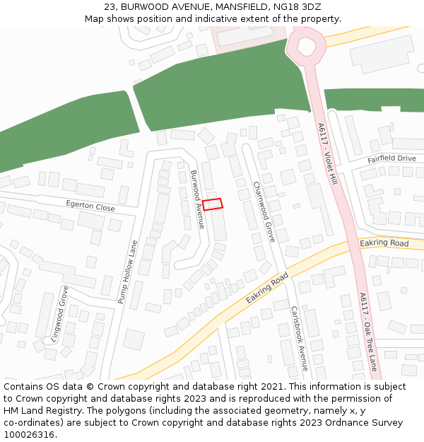 23, BURWOOD AVENUE, MANSFIELD, NG18 3DZ: Location map and indicative extent of plot